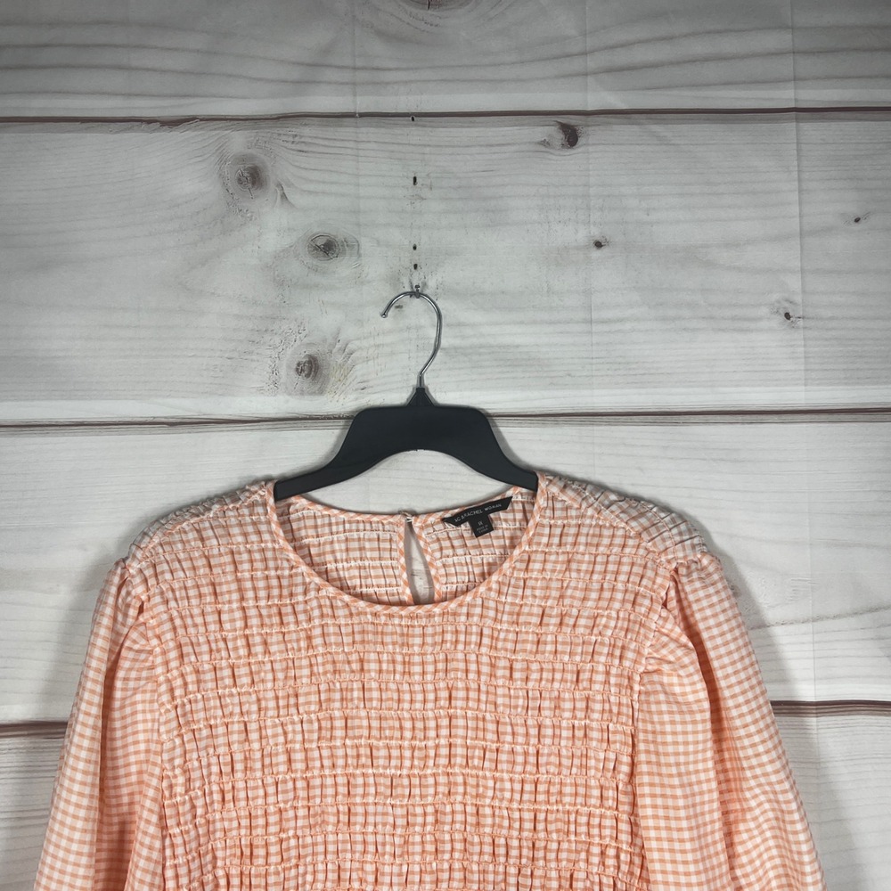Zac & Rachel Blouse Womens 1X Orange Gingham Smocked Peplum Top Short Sleeve - Picture 6 of 9